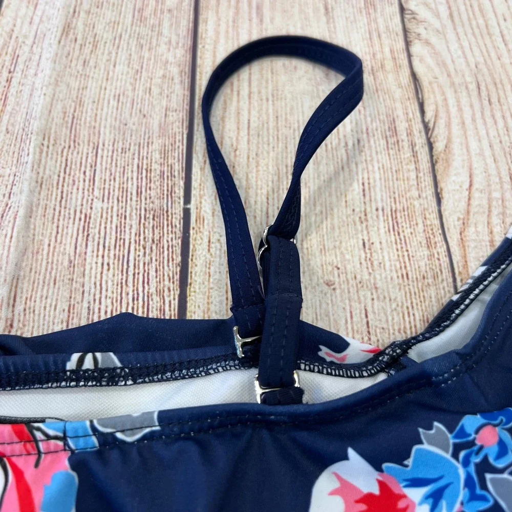 Ekouaer‎ Womens Floral Ruffle Off The Shoulder One Piece Swimsuit Navy Blue XL